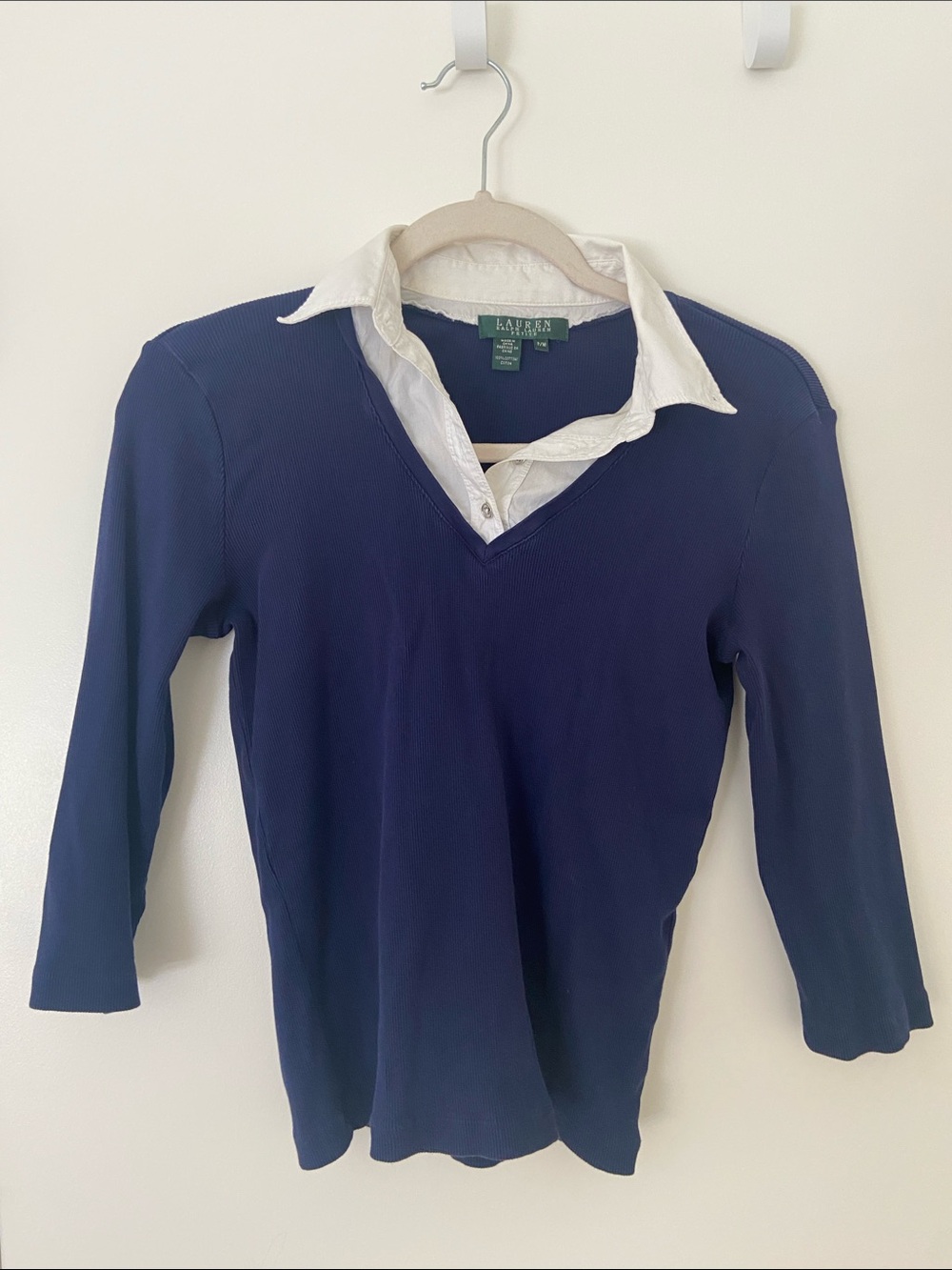 Ralph Lauren Navy V-Neck Layered-Look Long Sleeve Top with White Collar